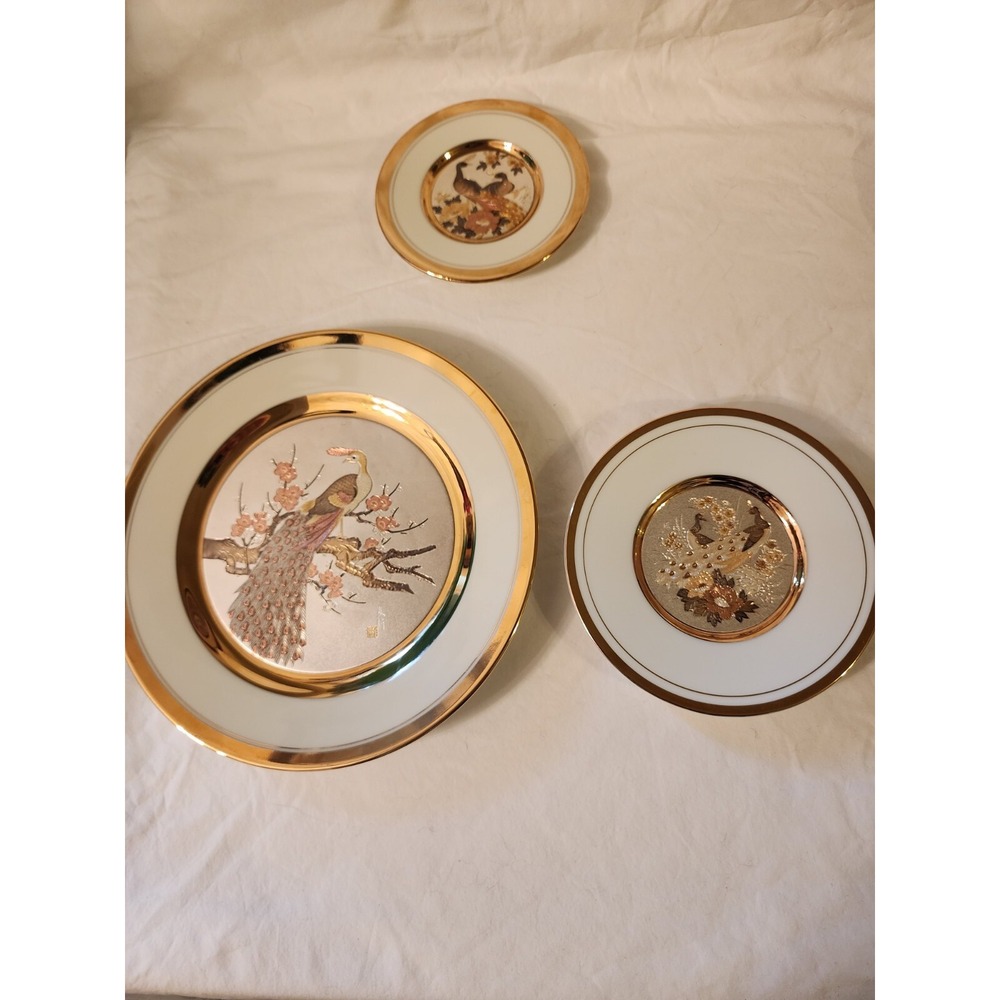 The Art‎ Of Chokin 24 Kt Gold Edge Plate Set Of 3 Birds And Flowers EUC